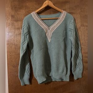 SHEIN Mint V-Neck Sweater with Lace Detail